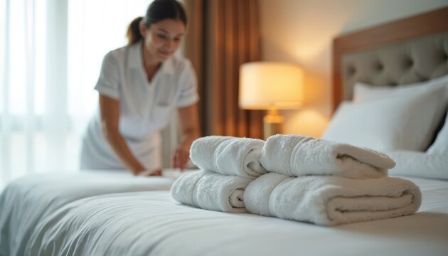 Hotel staff arranges clean white towels on a made bed. Woman in uniform prepares guest room for new arrival. Housekeeping service provides comfort and luxury. Fresh linens create inviting atmosphere.