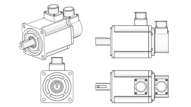 AC Servo Motor for CNC - Stepper Motor. Orthographic view - side views, front and top. 3D rendering isolated on white background. Ideal for professionals, educational, engineering design