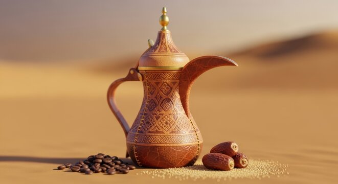 Traditional Arabic dallah coffee pot with roasted coffee beans and dates 3d render