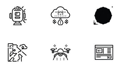 Fototapeta premium Tech Icons: A collection of sleek, monochromatic icons showcases various facets of technological innovation. Each icon represents a different aspect of modern technology.
