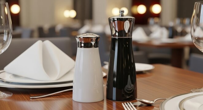 Elegant salt and pepper shaker set on a wooden restaurant table with blurred dining background