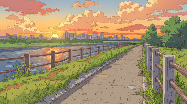 Charming Sunset Over a Serene River Walkway: A Stunning Guide to Tranquil Urban Landscapes and Natural Beauty Amidst Evening Bliss