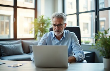 Fototapeta premium Senior man works on laptop in modern office. He looks at screen with concentration. Experienced businessman in blue shirt uses computer near window with sunlight. Professional at his desk.