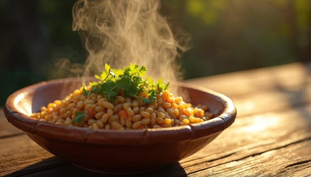 Steaming gallo pinto served in clay bowl, garnished with cilantro. Delicious Costa Rican food sits on rustic wood table. Warm golden hour light.