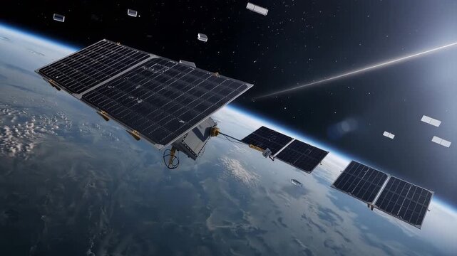 地球低軌道で太陽光発電衛星群が太陽に追従して集光する