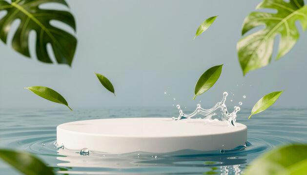 Podio bianco su acqua con foglie e schizzo