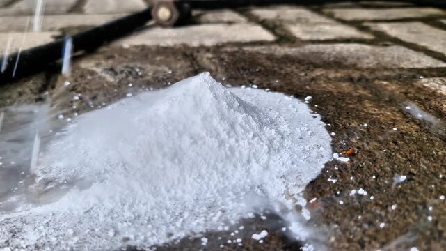 Close up of Sublimating Dry Ice Pile with Rising Cold Vapor on Industrial Floor
