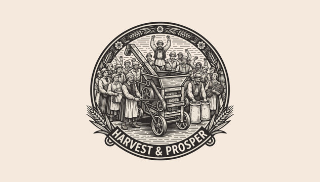 Vintage harvest emblem with farmers and antique threshing machine. Woodcut engraving style vector badge. Harvest and prosper concept