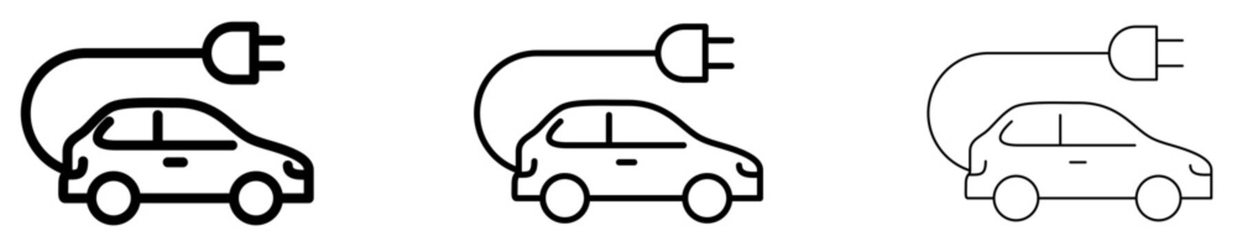 Set of electric car icons. Graphic elements with different line weights, depicting a car with an electric plug, symbolizing eco-friendly transport and clean energy.