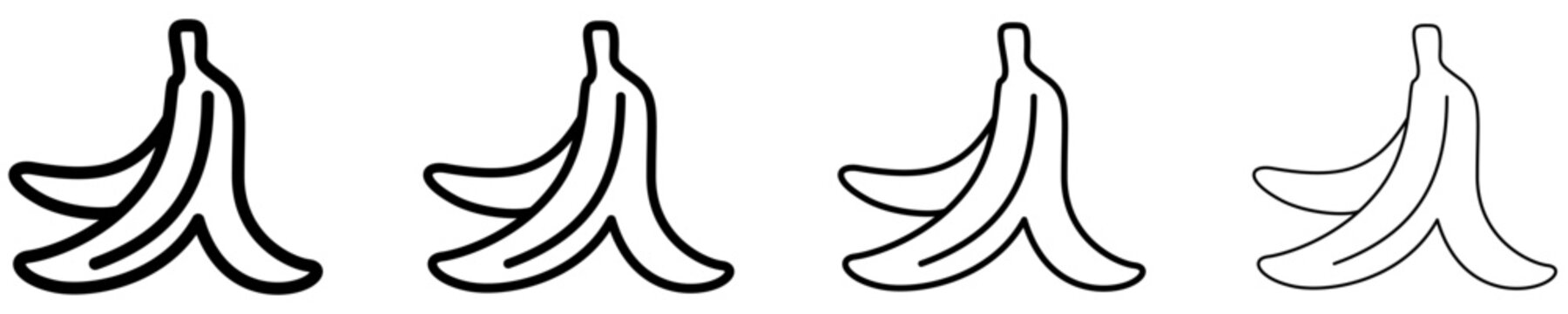 Set of banana peel icons. Graphic elements with different line weights, depicting organic waste and symbolizing ecological disposal.