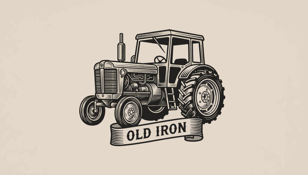 Vintage tractor engraving with old iron ribbon banner. Detailed line art vector illustration of classic agricultural machinery. Retro farm equipment expo design element