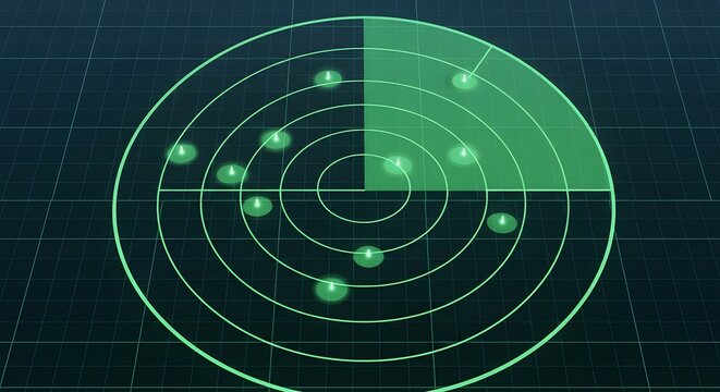 A green radar screen vector illustration featuring military technology for sonar detection and target scanning of an airplane or submarine signal within an air alert system