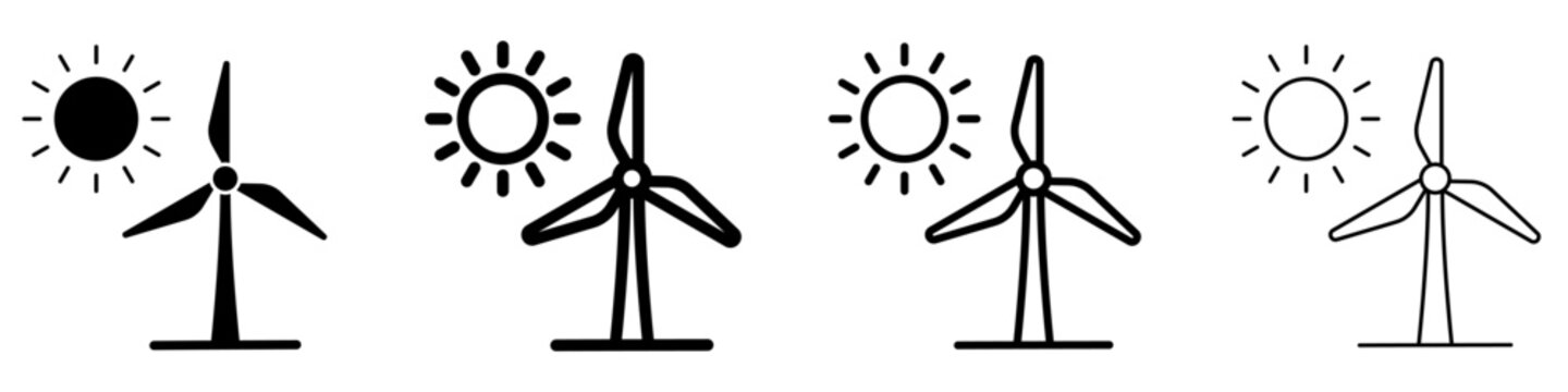 Set of wind turbine and sun icons. Graphic elements with different line weights, clean energy symbol. Vector illustration.