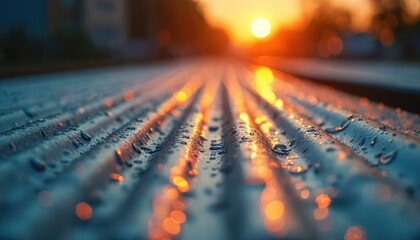 Fototapeta premium Corrugated metal surface gleams with water droplets reflecting warm sunset light, orange bokeh. Wet industrial material shows texture after rain dew. Shiny ripples create abstract background patterns.