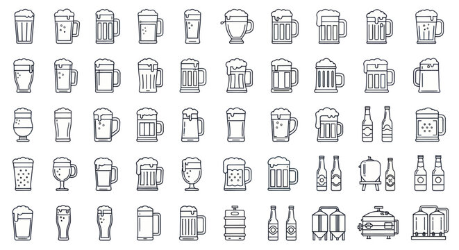 Vector icons of beer mugs, bottles, and brewery equipment