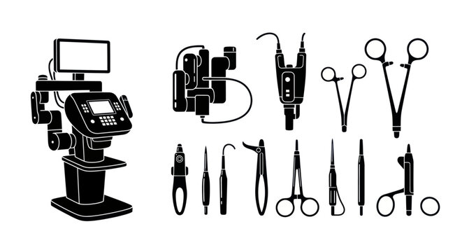 Black and white illustration of medical devices and surgical instruments.
