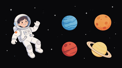 Cartoon astronaut in space with planets © Scuti