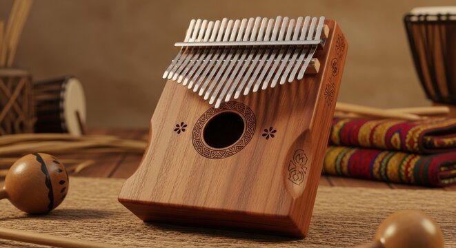 Wooden kalimba thumb piano with metal keys on a textured surface with traditional instruments