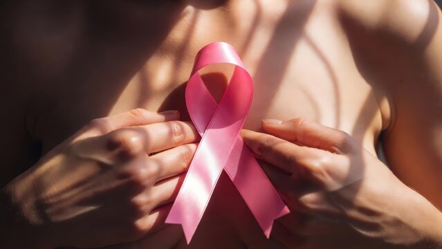 Emotional and symbolic breast cancer awareness concept featuring a woman modestly covering her chest with a glowing pink ribbon. Soft cinematic lighting and subtle motion create a respectful and power