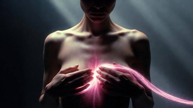 Emotional and symbolic breast cancer awareness concept featuring a woman modestly covering her chest with a glowing pink ribbon. Soft cinematic lighting and subtle motion create a respectful and power