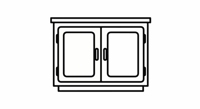 A minimalist line drawing of a two-door cabinet with two handles