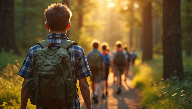 Boys with backpacks walk forest path sunlit trail. Kids hike nature woods adventure. Friends explore outdoors summer camp. Young scouts journey wilderness trek.
