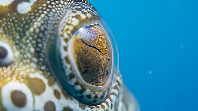 Extreme close-up of a pufferfish eye, showing textured skin and intricate iris details