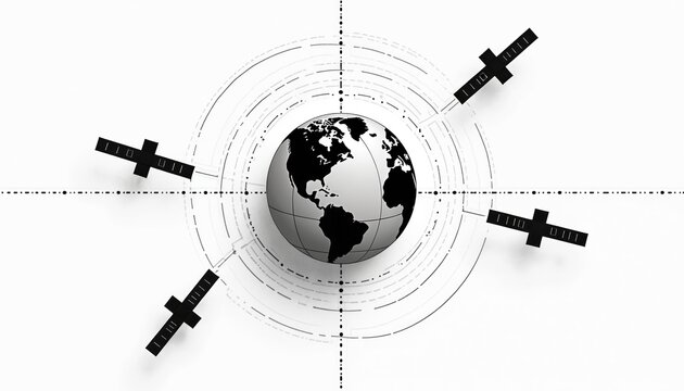 Monochrome illustration of Earth with orbiting satellites connected by digital network lines. Global communication technology, orbital tracking system abstract concept. Futuristic space science