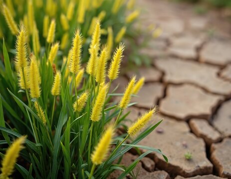 Yellow nutsedge plant grows in dry cracked earth. Green grass blades contrast dry desert ground. Flora detail shows fuzzy yellow flower spikes against arid backdrop, drought.