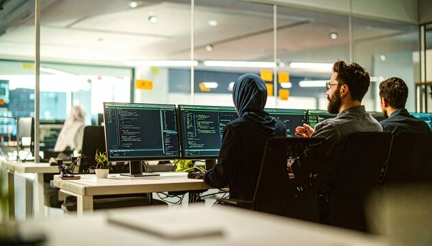 A diverse team of skilled software developers collaborates in a modern tech office. This image represents inclusive innovation, digital teamwork, and the future of global software engineering.