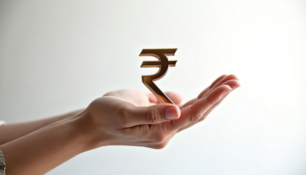Two open hands gently hold a golden Indian Rupee symbol. This represents financial gain, economic growth, and investment in India. It symbolizes wealth and prosperity.