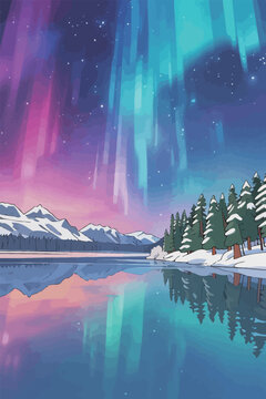 Aurora Borealis Over Snowy Mountain Lake Reflection