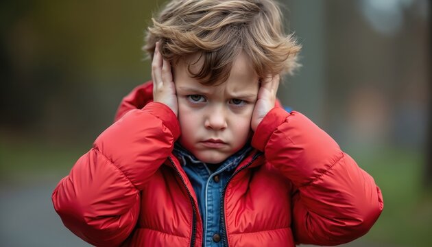 Young boy covers ears, looks upset outdoors in fall. Child wears red jacket, shows frustration from loud noise or stress. Sad kid expresses negative emotion, feels overwhelmed by sound.