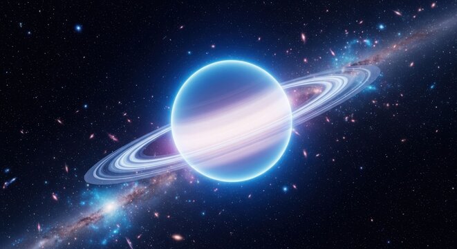 Glowing blue planet with rings floating in deep space galaxy