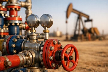 Fototapeta premium Onshore enhanced oil recovery injection manifold control valve and pressure gauges. Precision production equipment for global energy sector-specific manufacturer supply process.