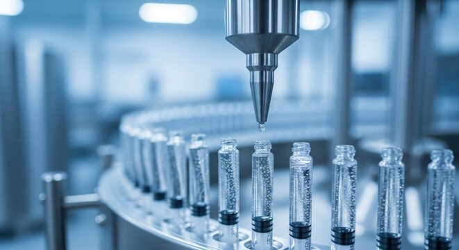 Automated robotic filling system dispensing liquid medication into glass syringes on sterile production line. High-tech pharmaceutical manufacturing innovation and industrial automation process.