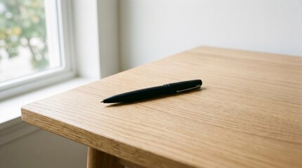 Fototapeta premium Elegant black pen rests on a smooth wooden desk surface near a bright window symbolizing writing creativity and focused work in a minimalist modern office or study environment with soft natural