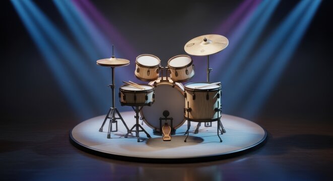 Complete wooden drum set on stage under colorful spotlights