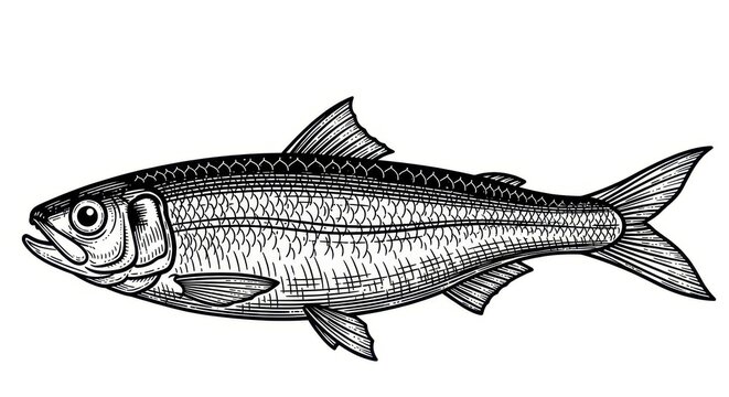 Detailed Engraving of a Herring Fish on White Background.