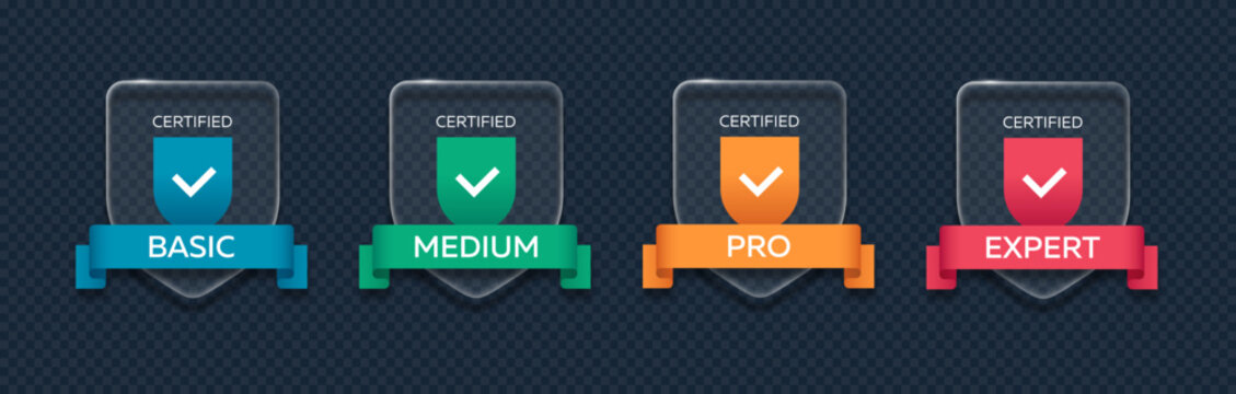 Glassmorphism certified badge set. 3D glass shield icons with checkmarks and ribbons. Basic, medium, pro and expert tier levels for ui pricing plans.