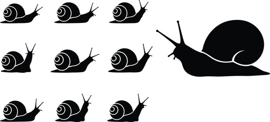 Black silhouette set of snail icons with shells and tentacles isolated on white background for garden nature wildlife design and slow movement concept © Mahsina