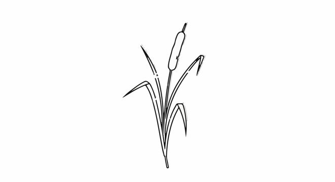 Stylized black and white line drawing of a cattail plant with leaves