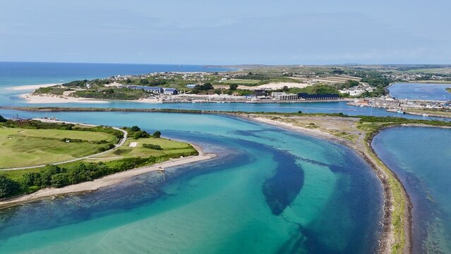 Aerial drone view of Hayle Estuary and Carnsew Pool, Cornwall, England