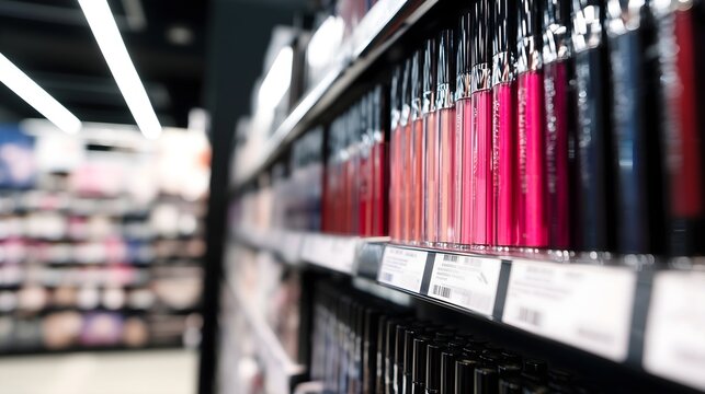 Cosmetics aisle with mascaras arranged vertically by brand in retail store &ndash; beauty shopping and product display