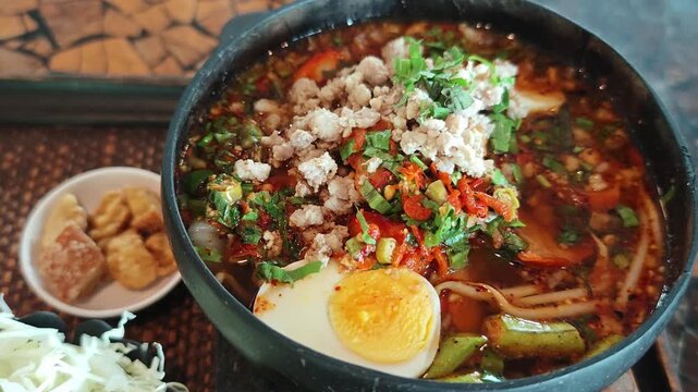 Pork noodle soup with meatballs served in a coconut shell bowl is a Thai dish.Noodle soup in a coconut shell bowl
