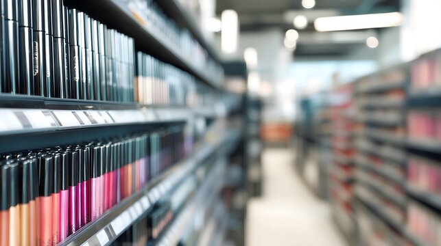 Cosmetics aisle with mascaras arranged vertically by brand in retail store &ndash; beauty shopping and product display