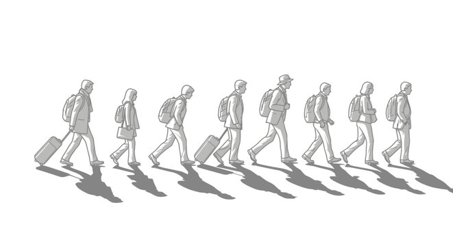 Diverse group of people walking with luggage and backpacks