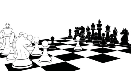 Black and white illustration of a strategic chess board game battle. © Mangnu