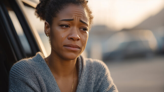 Rural church parking lot after Sunday service, Black woman sitting alone in car with tears on face, complex faith and community belonging, cultural identity, grief, spiritual struggle, spring Sunday
