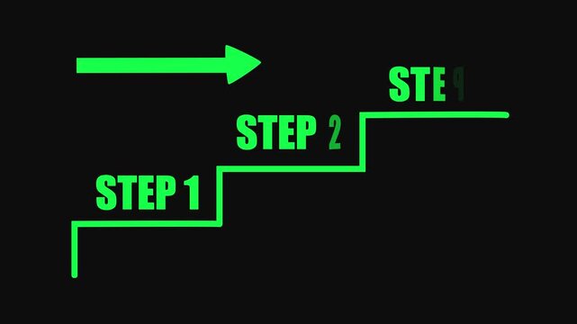 Green step arrow progression symbol on black background for business process workflow or tutorial green arrow.